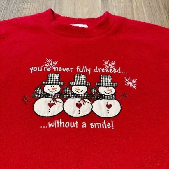 Vintage Red Christmas Sweater with embroidered snowmen Novelty Holiday, Nostalgi - Picture 3 of 8